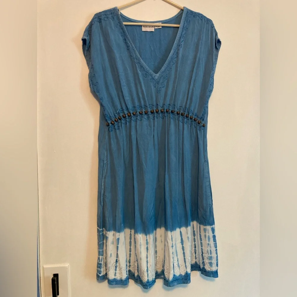 Raya Sun Dress SZ L Sky Blue Cotton Blend wood beaded and embroidered